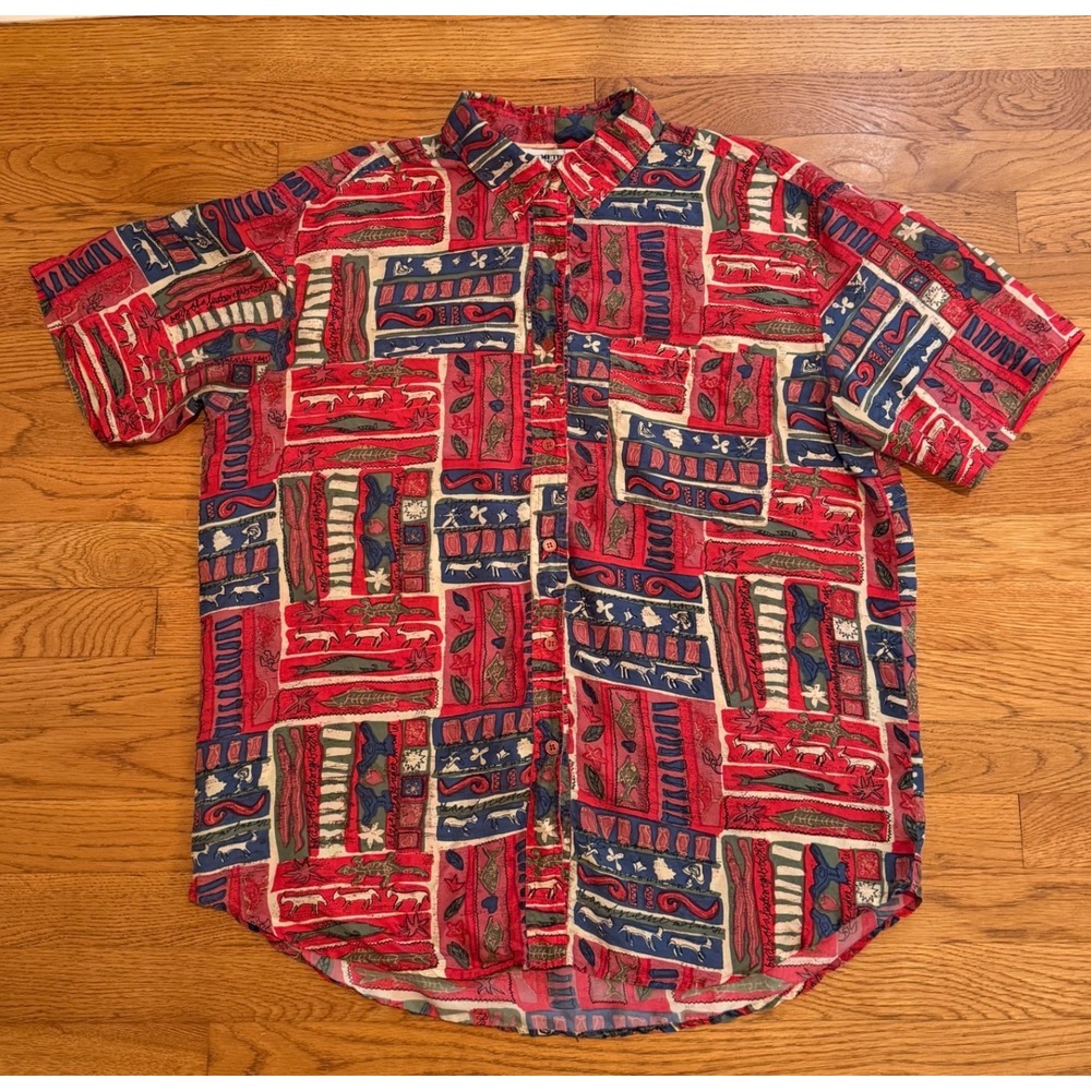 Metro Express Vintage 100% Silk Abstract Animal Print Button Down Shirt Large